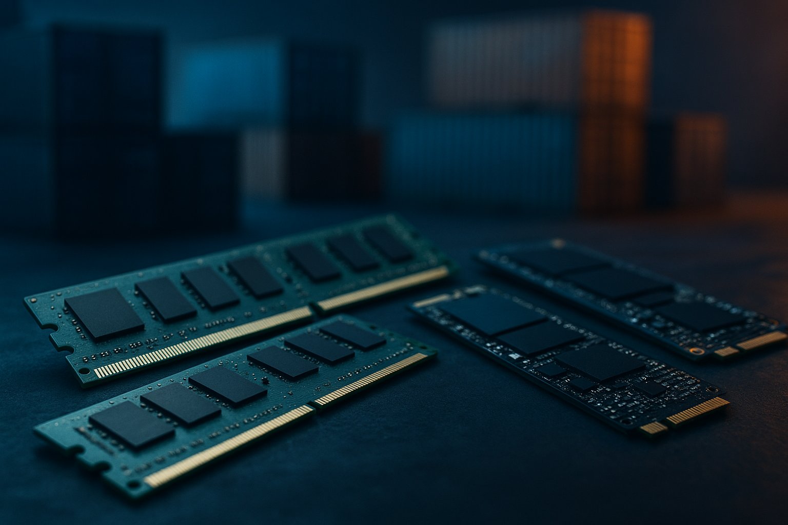 Módulos de memória RAM e SSD sobre superfície industrial com iluminação técnica azul e âmbar